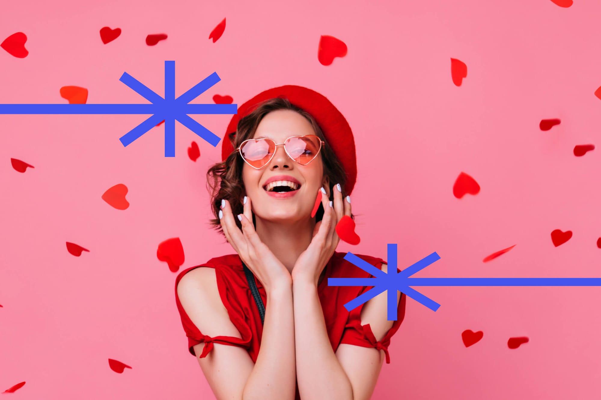 A cheerful woman in heart-shaped sunglasses and a red beret, with falling hearts and blue starbursts on a pink background.