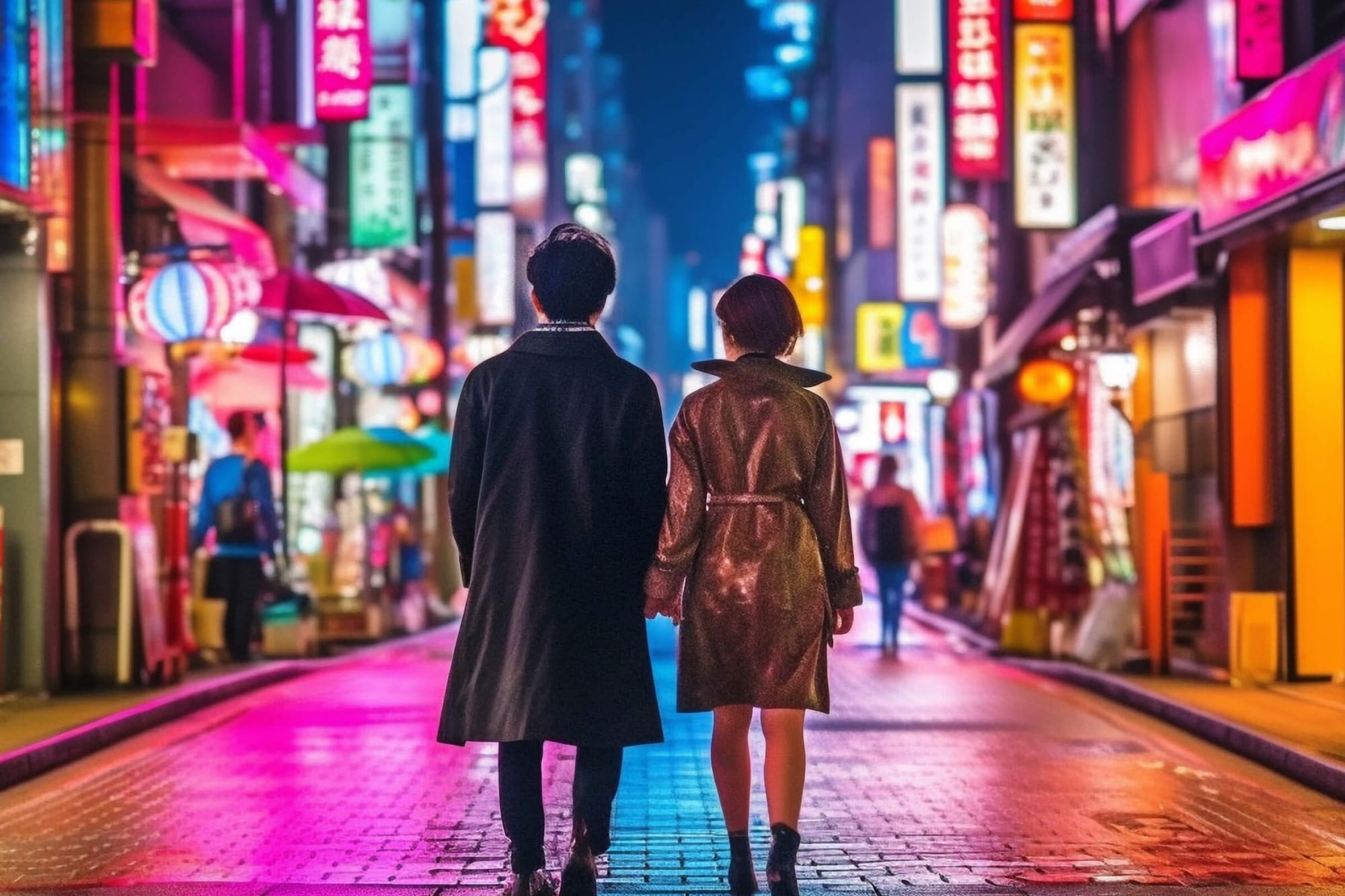 A couple walks through a neon-lit city street at night, wearing stylish coats, their backs turned to the camera.