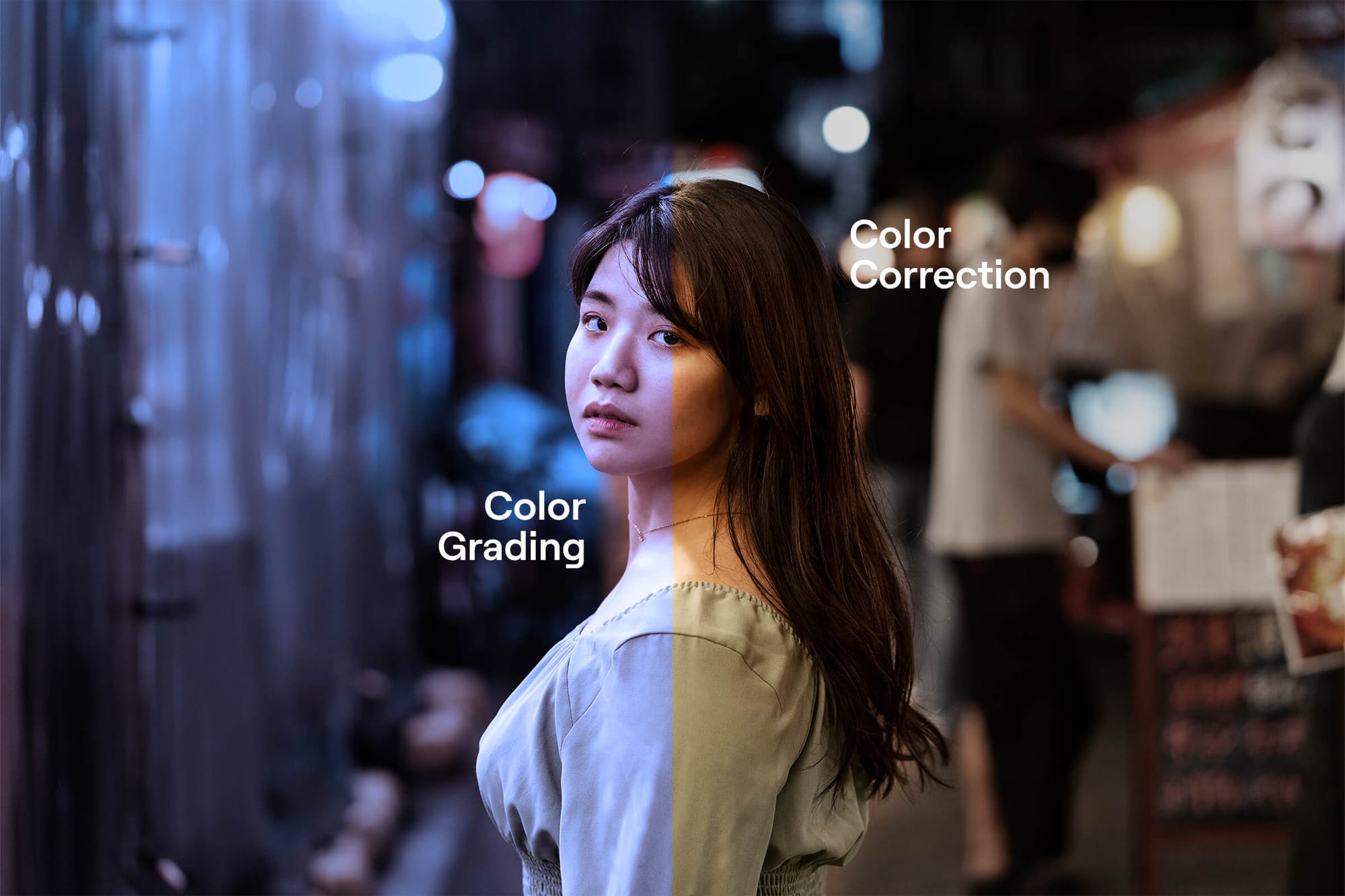 A split image of a woman at night showcases color grading on the left and color correction on the right, highlighting visual differences.