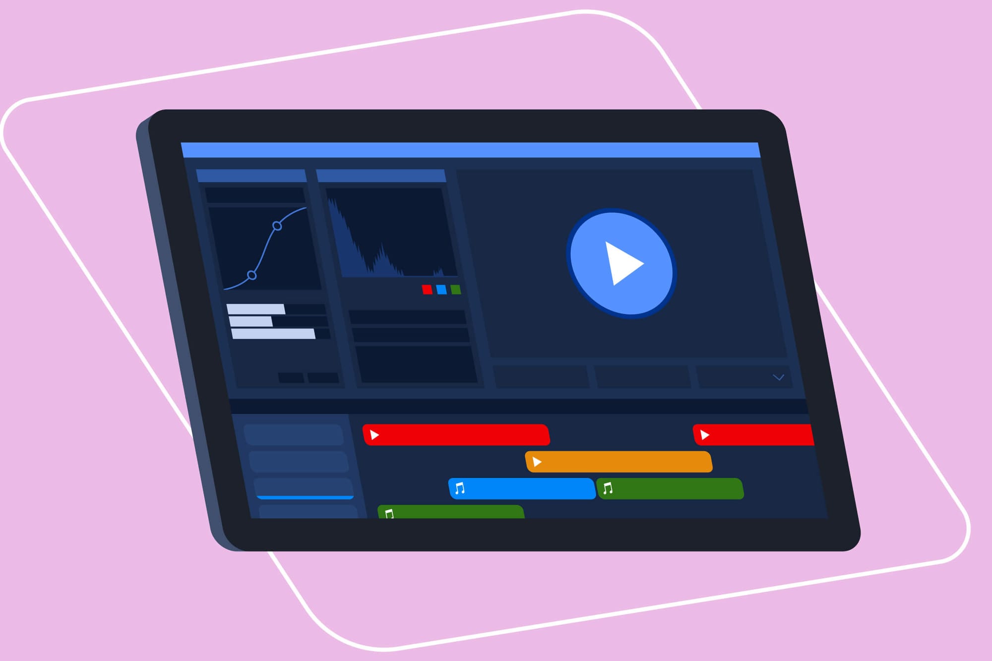 An illustration of a video editing interface with timelines, tools, and color tracks, showing an organized workflow.