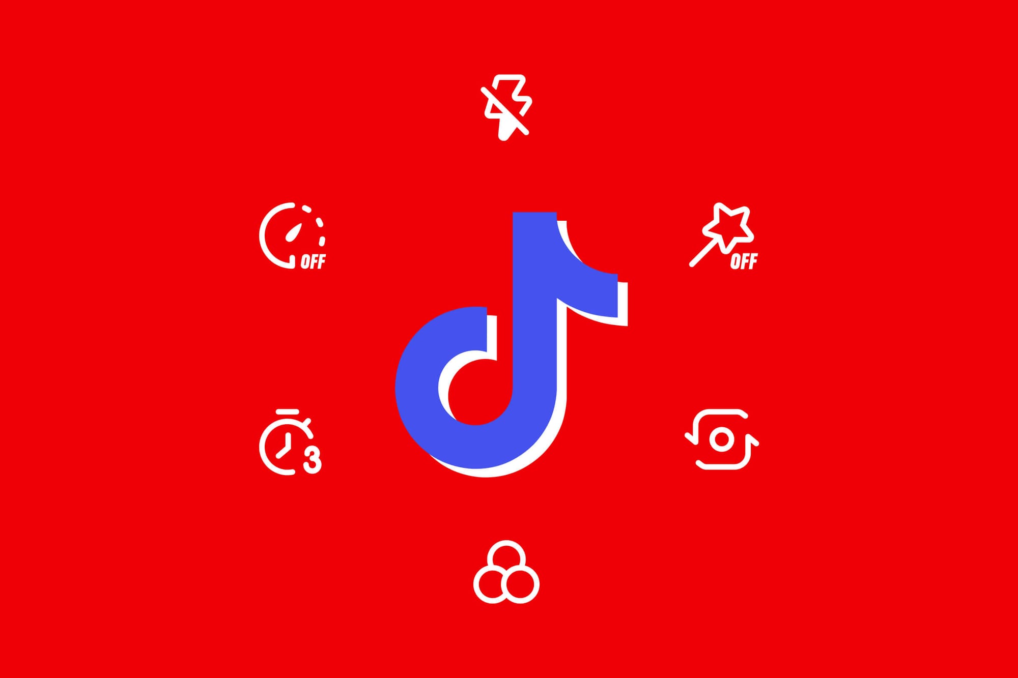 TikTok logo centered with editing icons like timer, flash, speed, and filters on a bold red background.