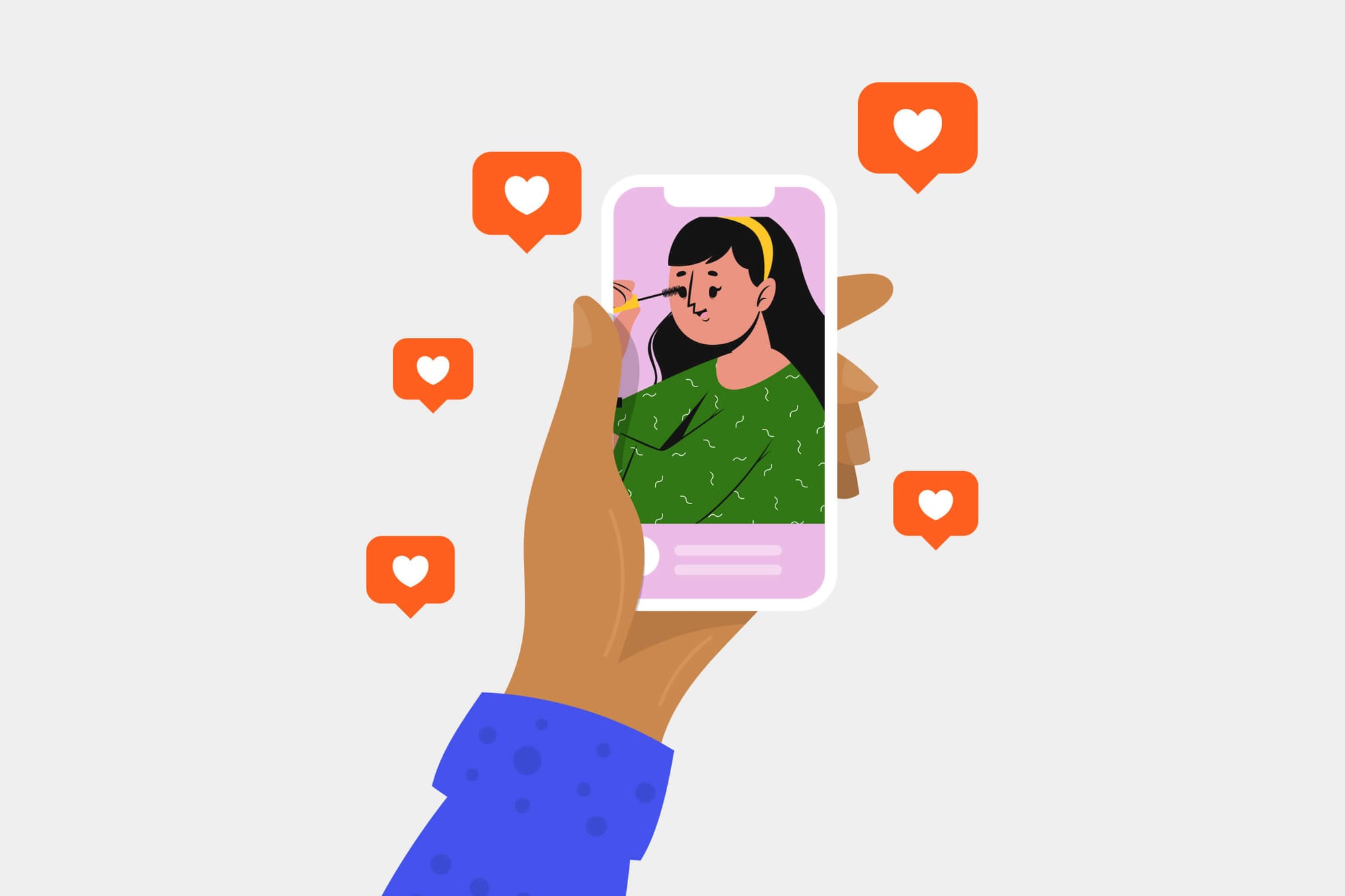 A hand holds a phone showing a woman applying mascara, surrounded by floating heart icons, symbolizing social media engagement.