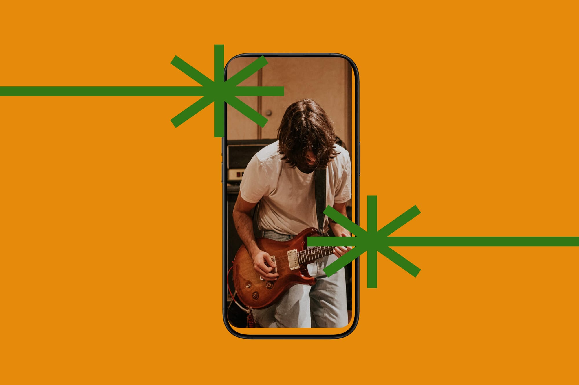 A guitarist playing onstage is displayed within a smartphone frame, set against an orange background with bold green graphic accents.