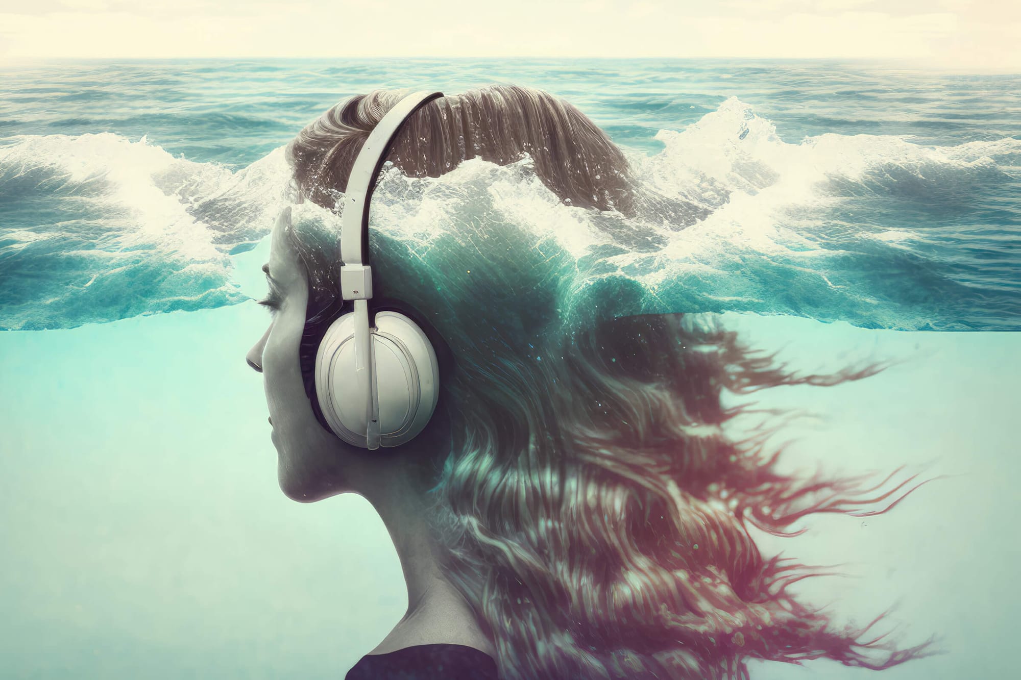  A woman with headphones, her hair merging with ocean waves, symbolizing immersive sound experiences.