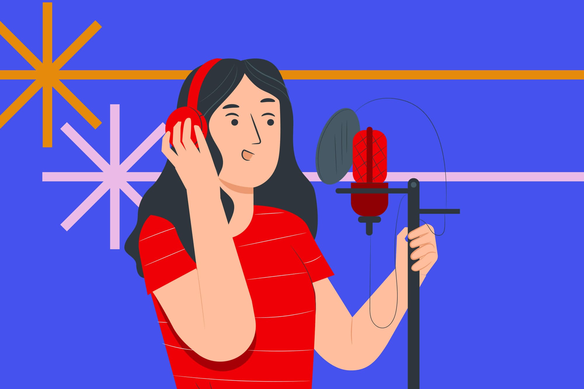 Illustration of a woman in a red shirt recording a voiceover with a microphone and headphones on a colorful background