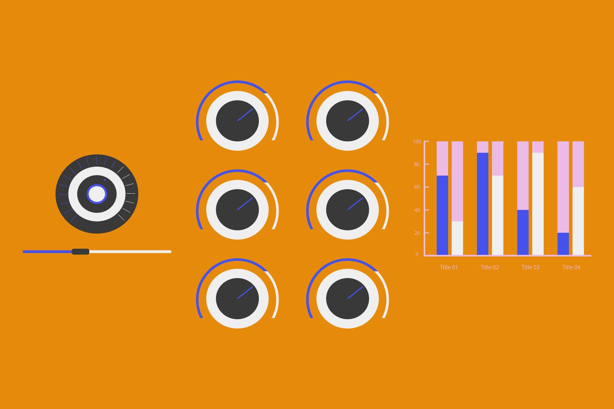 Graphic showing audio control knobs, a slider, and a bar chart on an orange background, representing voiceover balancing tools.