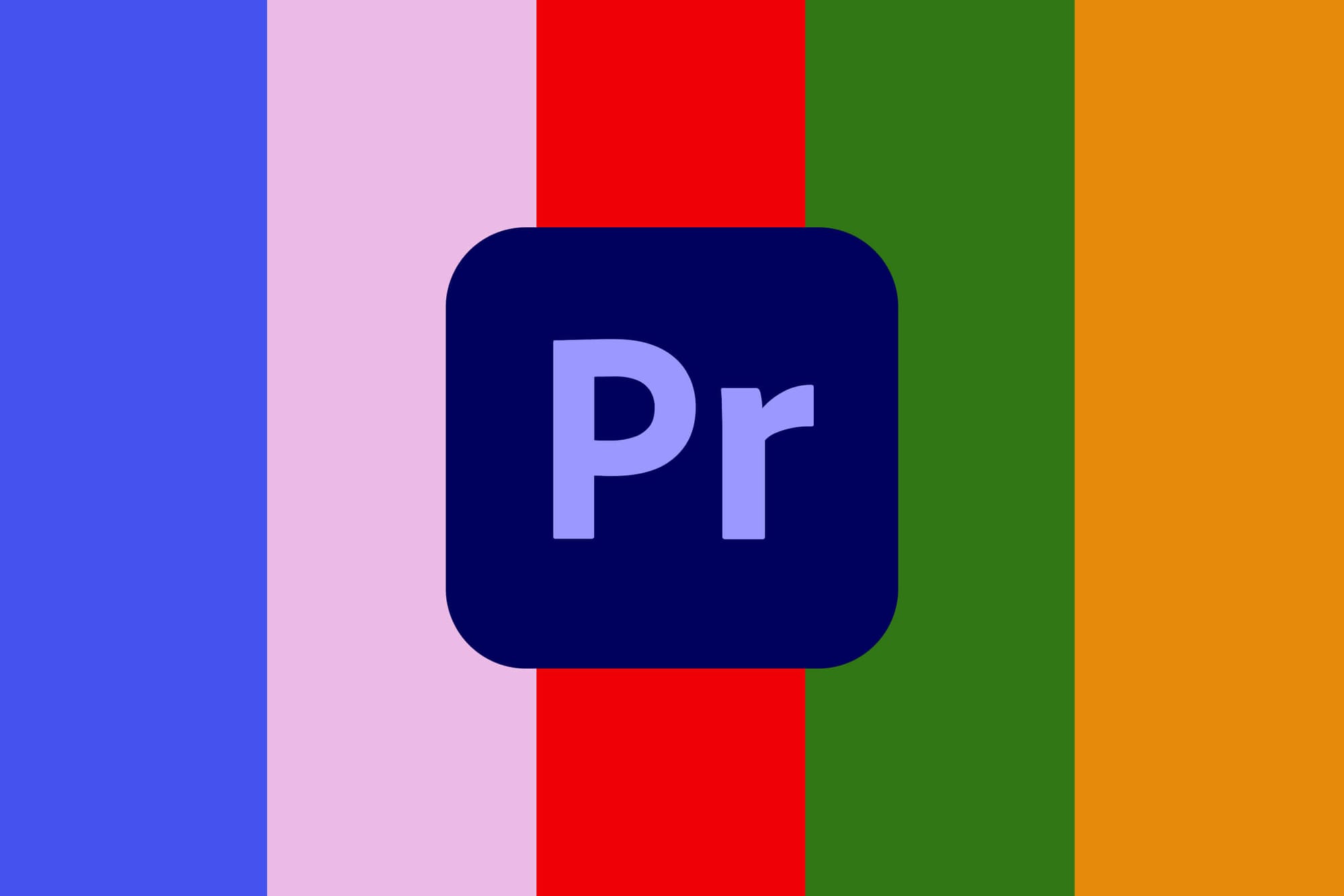 Adobe Premiere Pro logo over a striped background of blue, pink, red, green, and orange colors.