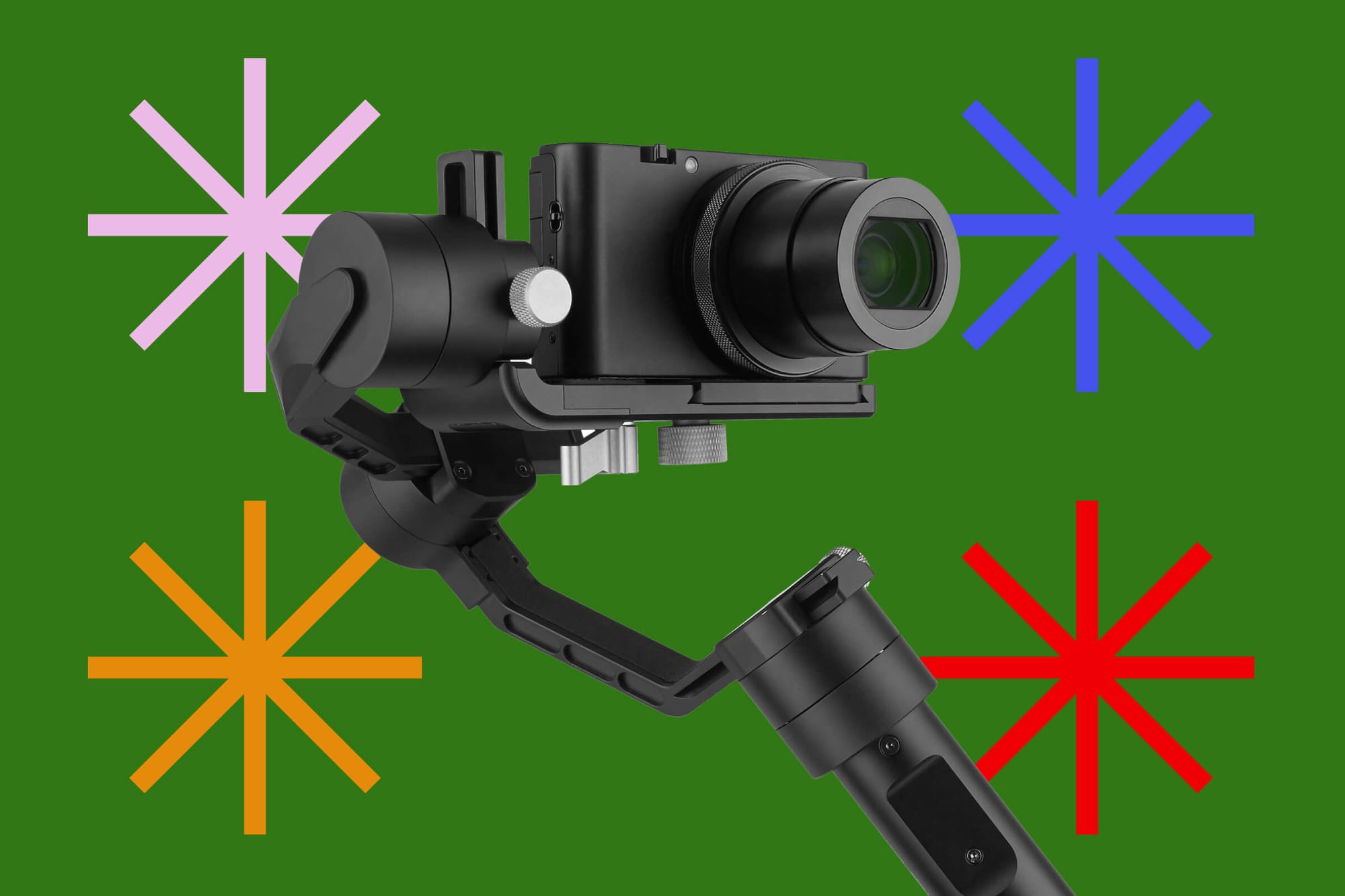 Close-up of a camera mounted on a gimbal with colorful background