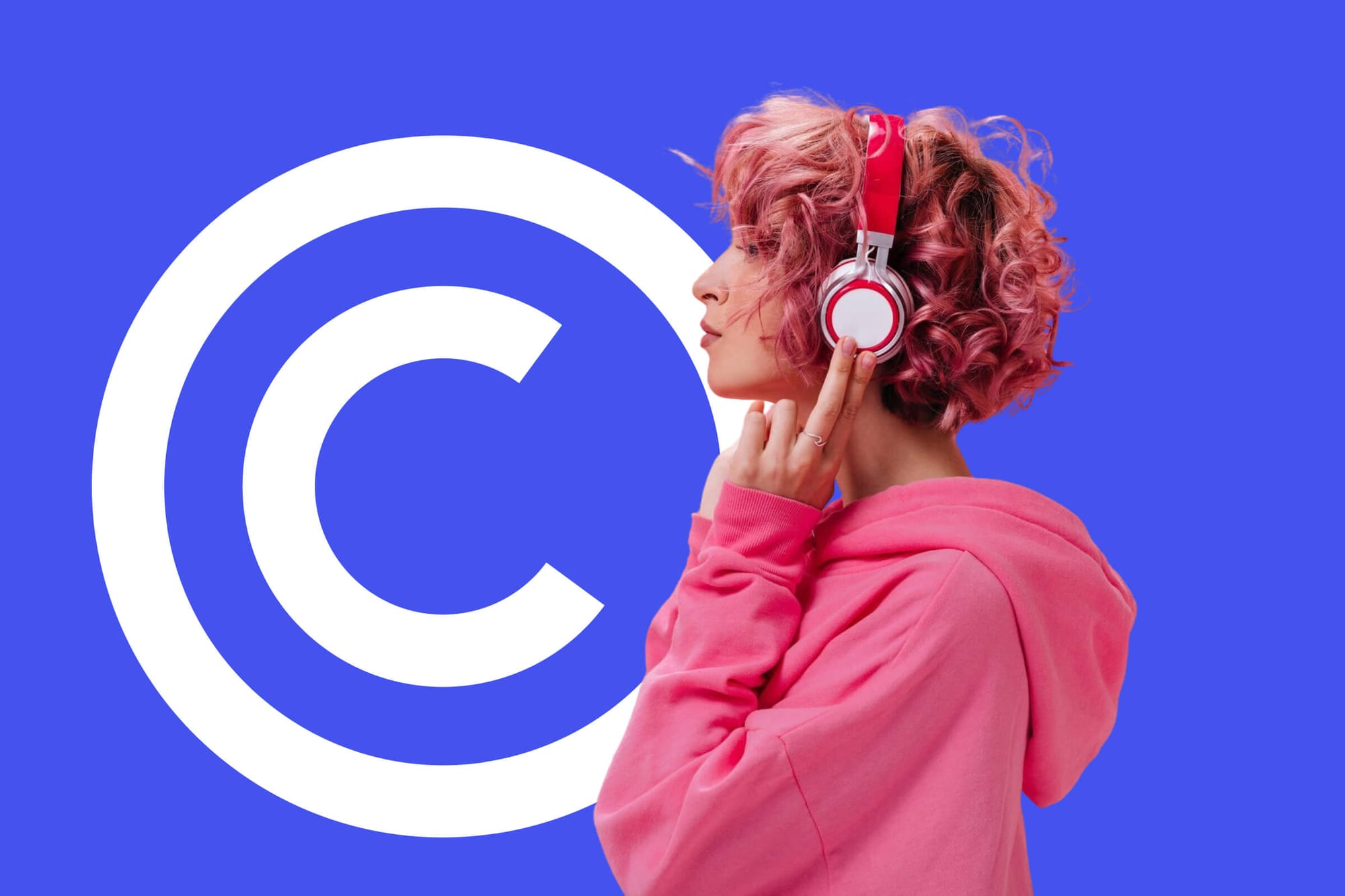 Young woman with pink curly hair wearing red headphones and a pink hoodie, listening to music, with a large copyright symbol in the background.