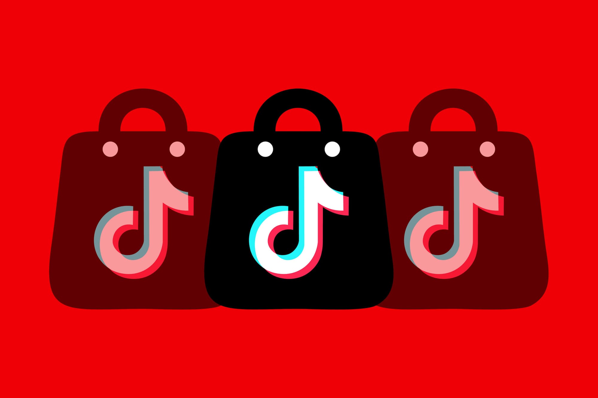 Three shopping bags with TikTok logos on a red background, symbolizing social commerce or TikTok shopping.