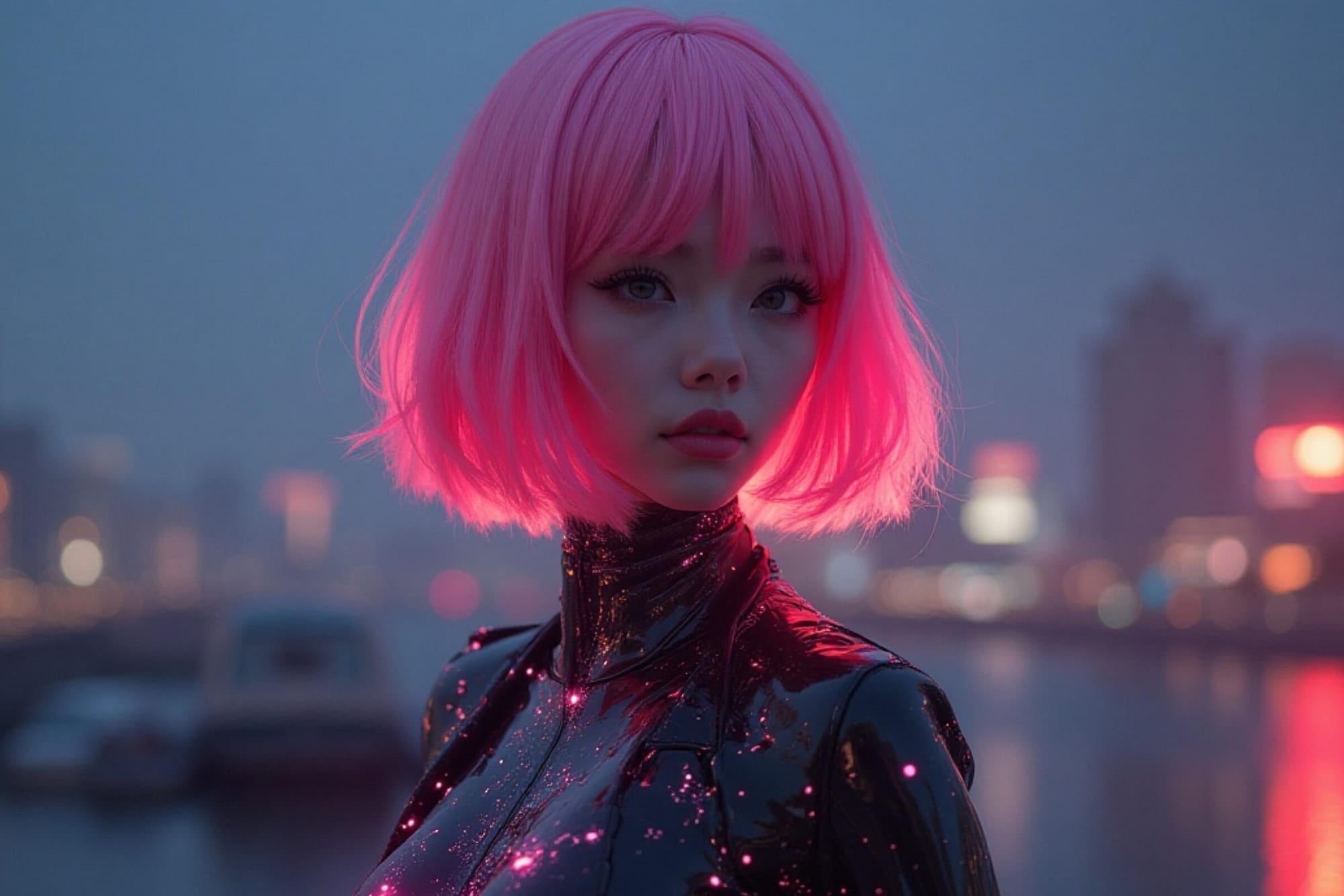 Woman with glowing pink bob haircut wearing a shiny futuristic outfit, standing in a neon-lit cityscape at dusk.