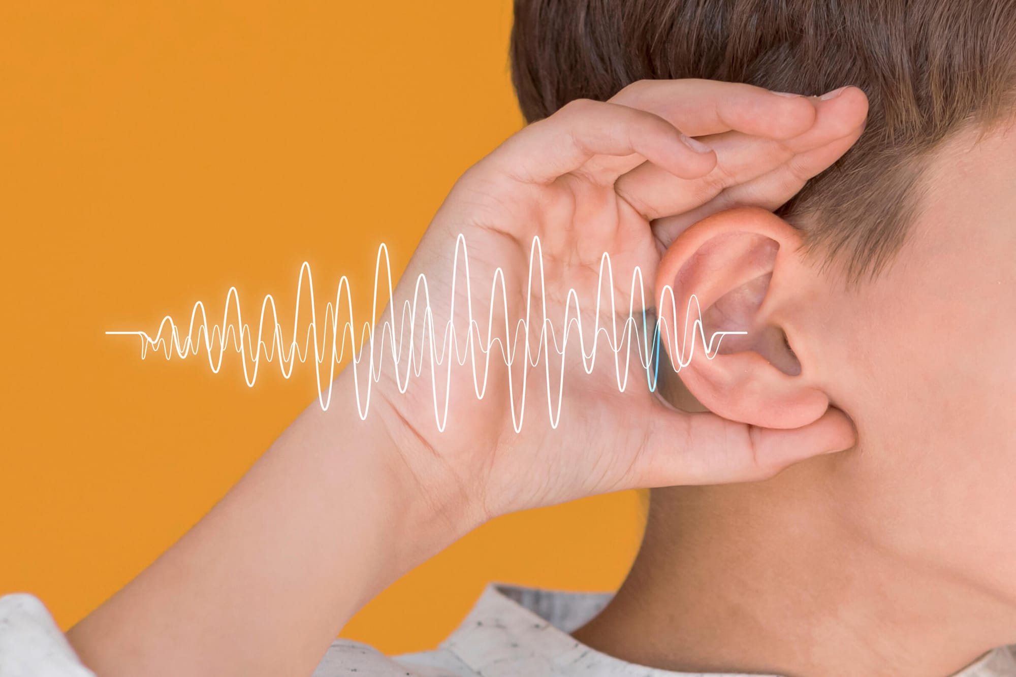 Close-up of a person holding their hand to their ear with sound waves illustrated in front, symbolizing listening or audio perception.