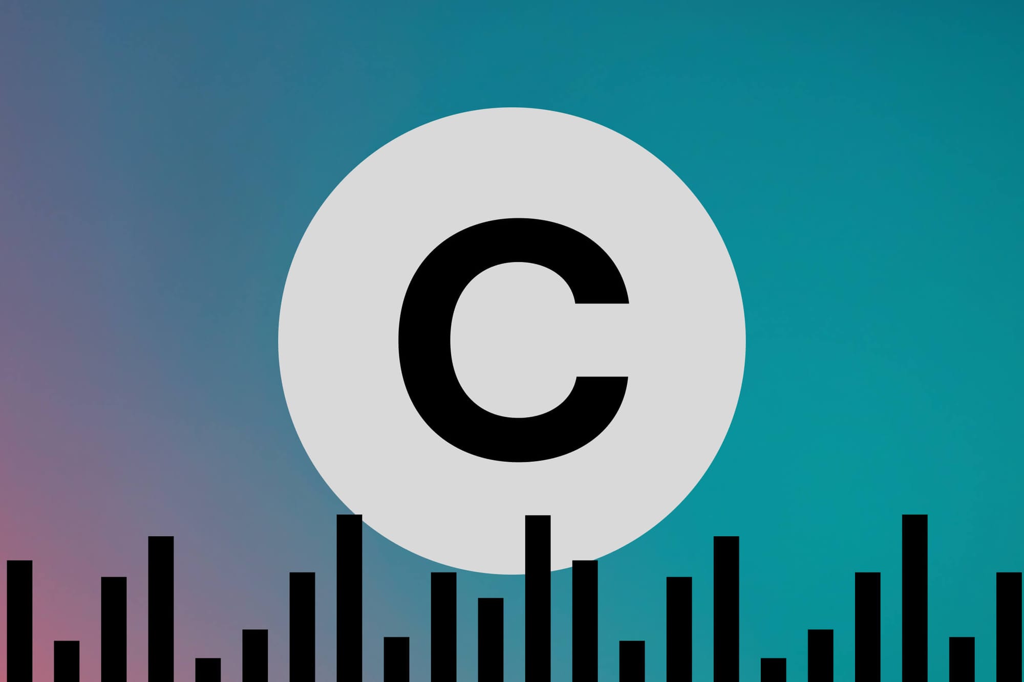Large copyright symbol centered over a gradient background with black soundwave bars at the bottom.