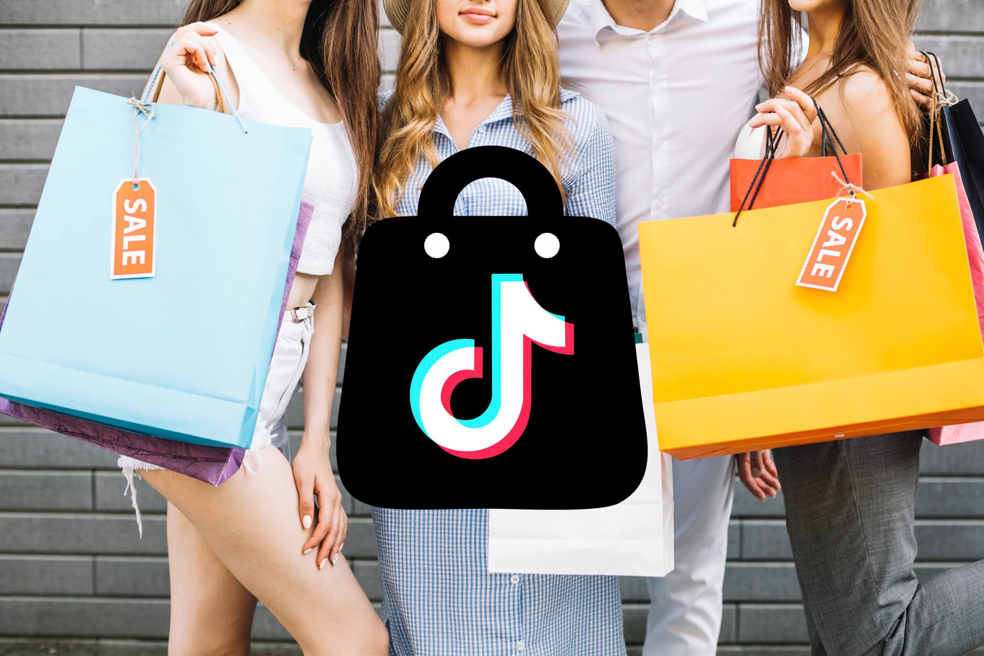 People holding shopping bags with a TikTok shopping icon overlay.