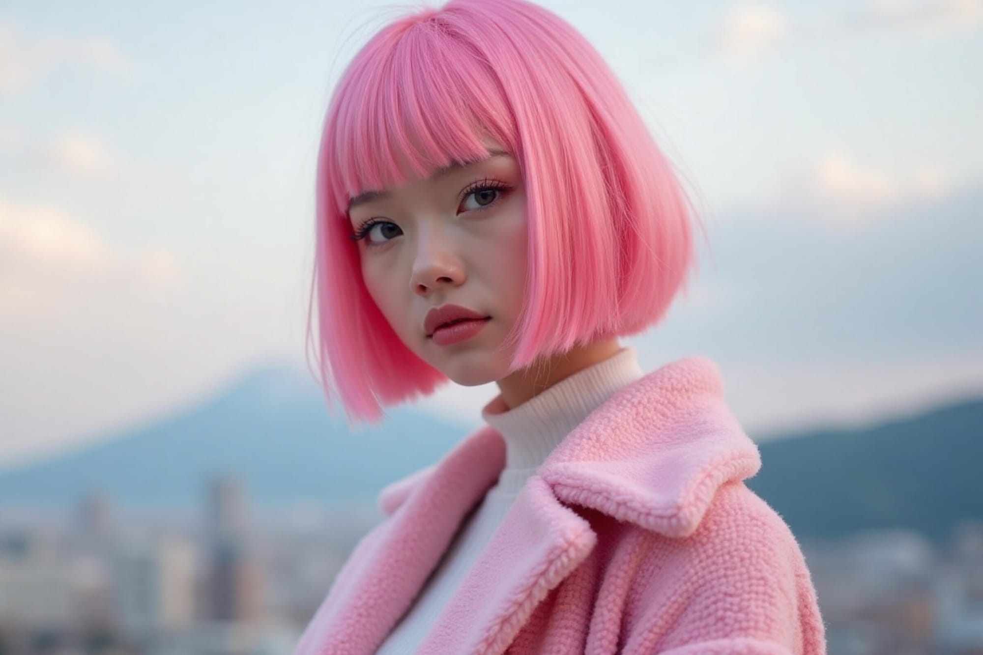Woman with pink bob haircut and coat, standing outdoors with a soft background.