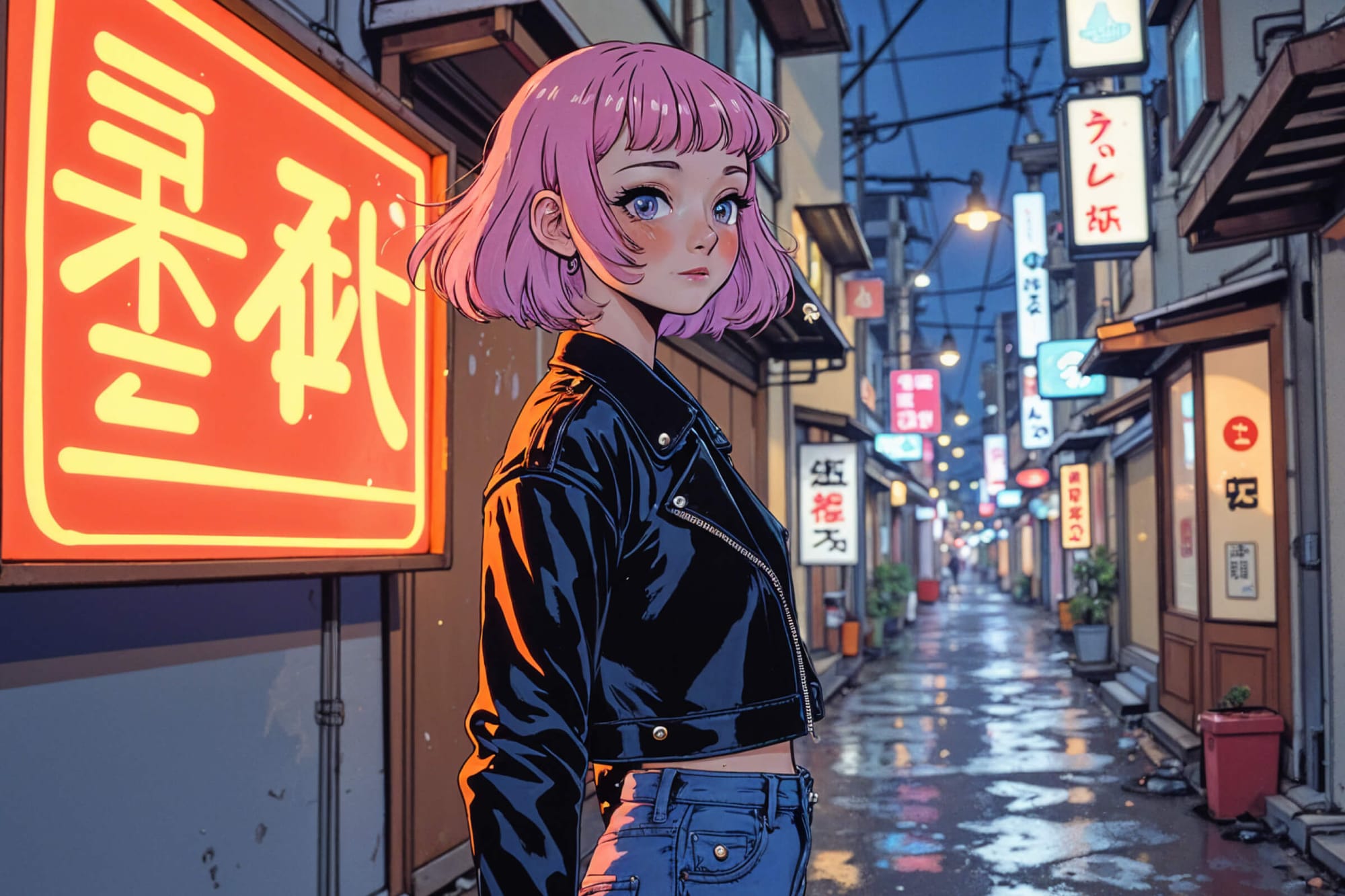 Anime-style girl with pink hair in a leather jacket standing in a neon-lit street at night.
