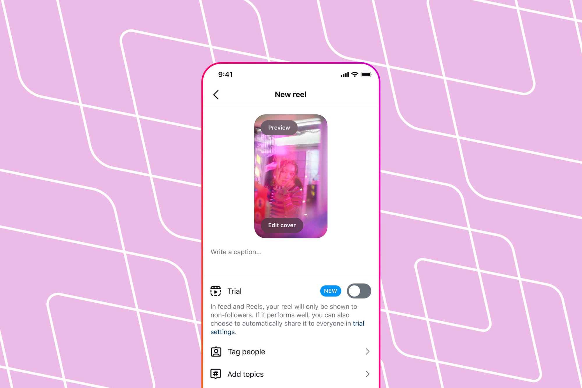 Instagram reel upload screen with “Trial” feature highlighted.