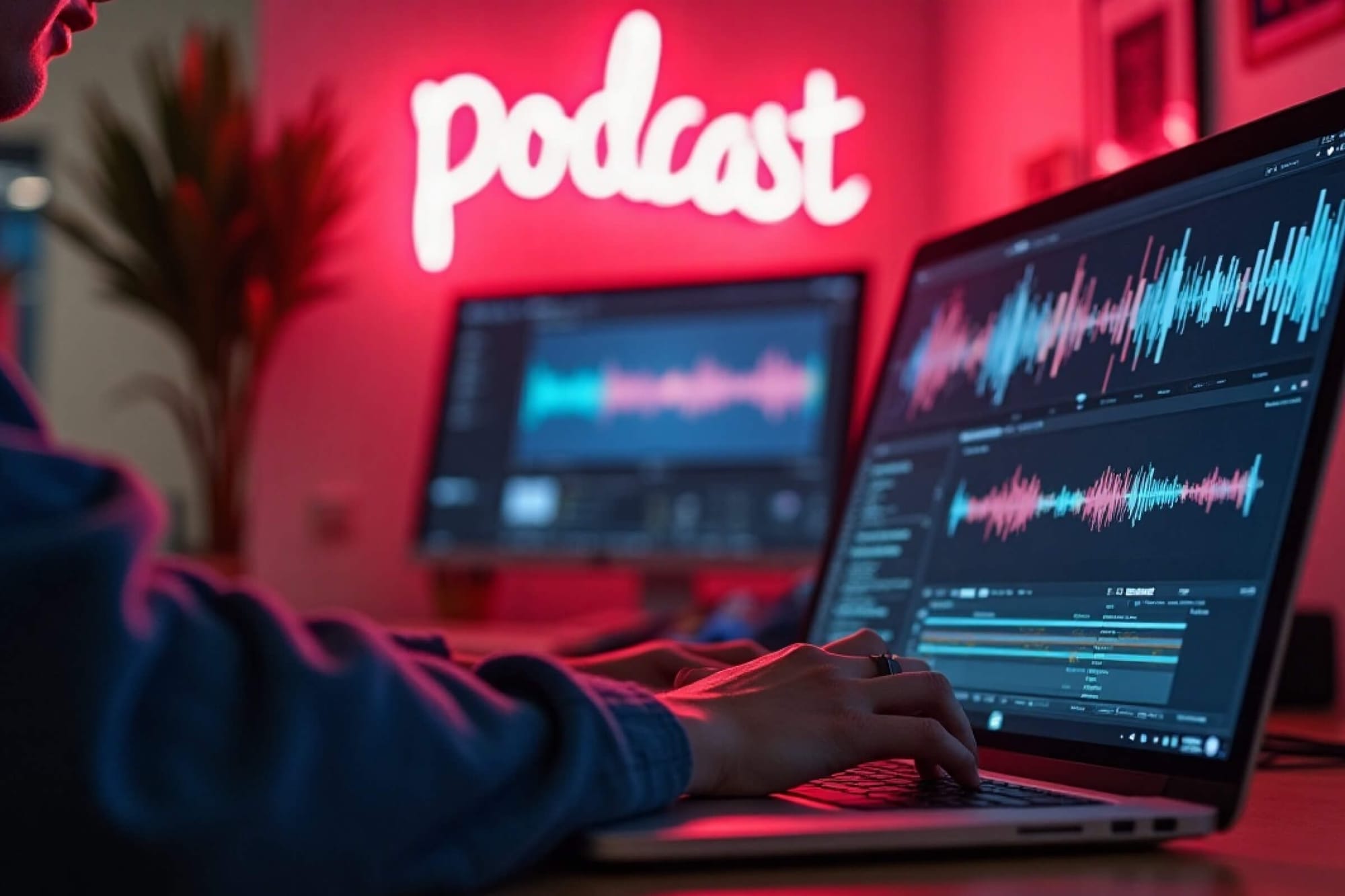 Person editing audio waveforms on a laptop in a podcast studio.