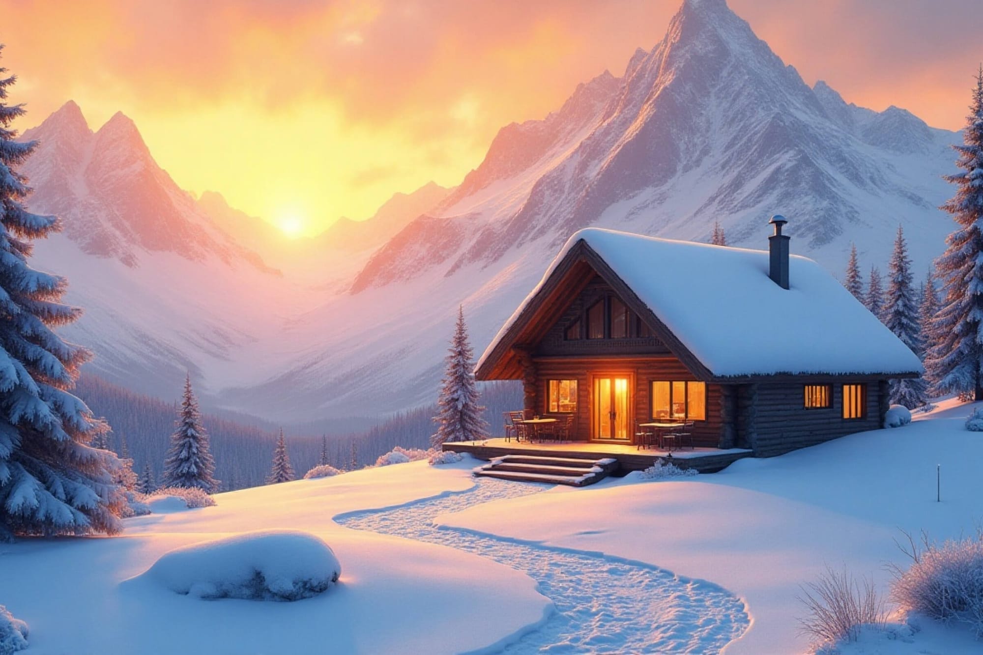 Cozy cabin in snowy mountains at sunset.
