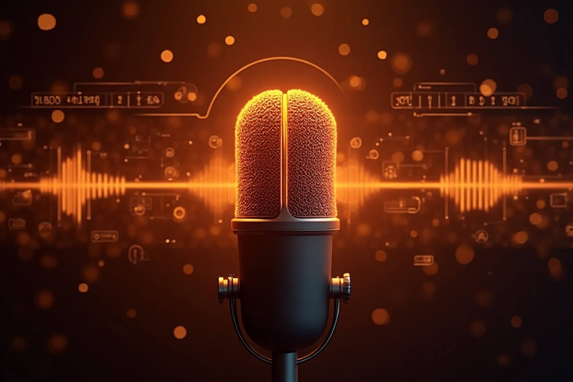 Close-up of a glowing microphone with digital soundwave graphics in the background.